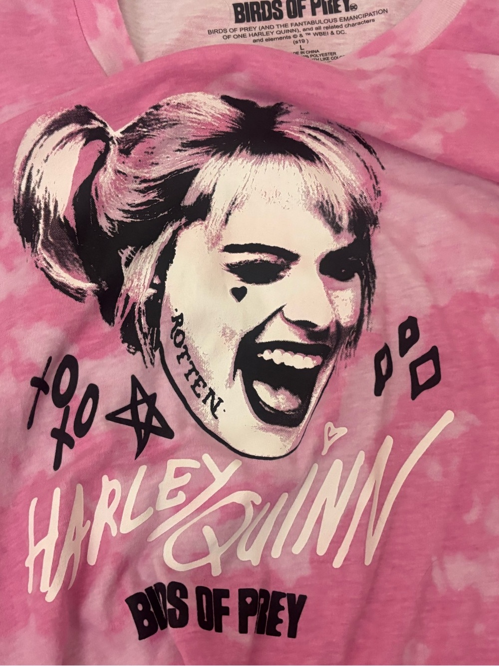 Birds Of Prey Harley Quinn Movie Logo T-Shirt L Long Sleeve Pink Tie Dye - Picture 8 of 8